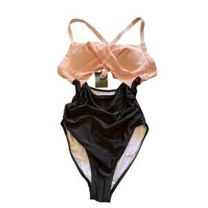 Eomenie Pink And Black High Waisted One Piece Opens Tummy Swimwear size Small